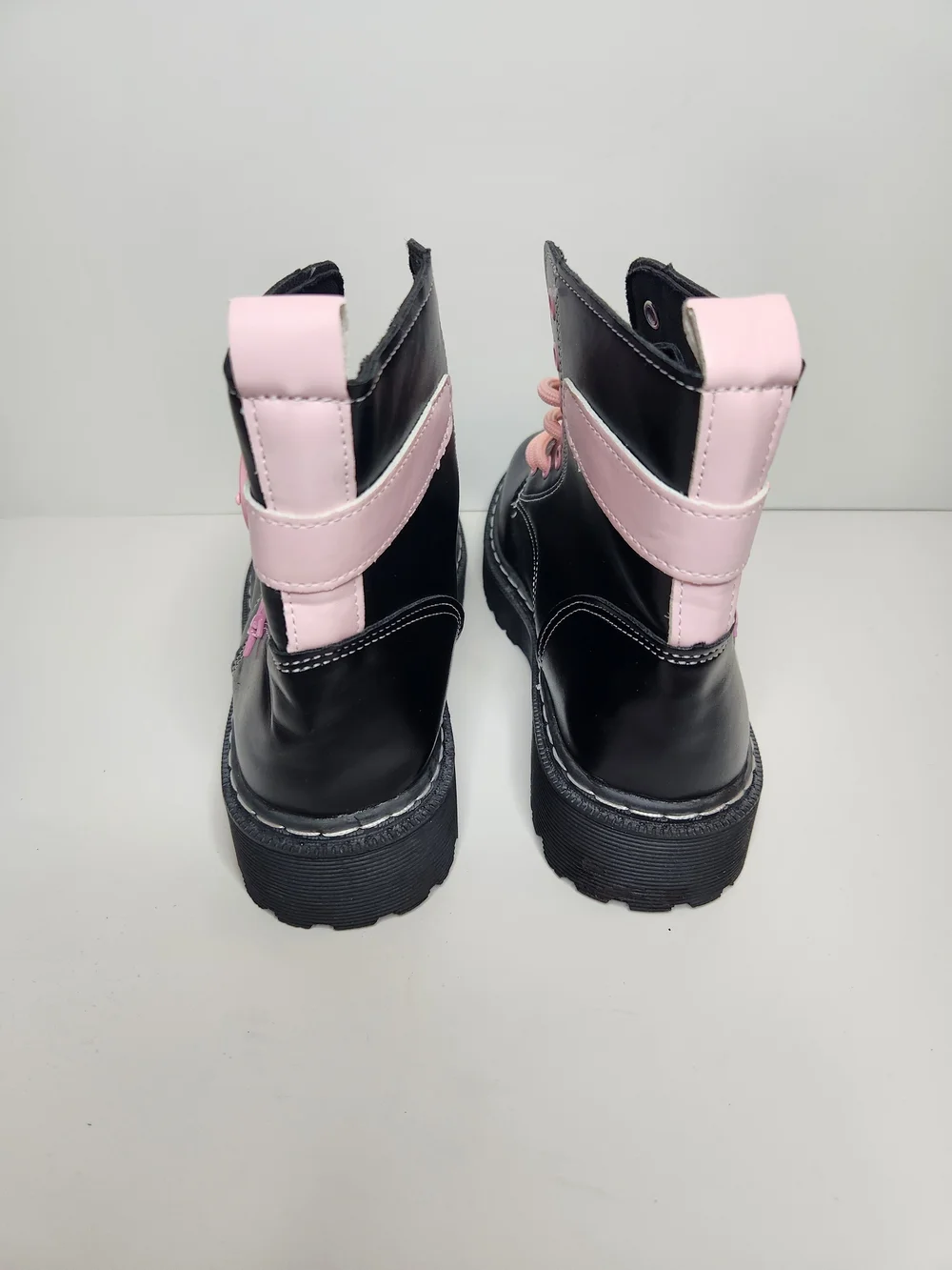 Kids Black Combat Boots with Pink Heart Accents